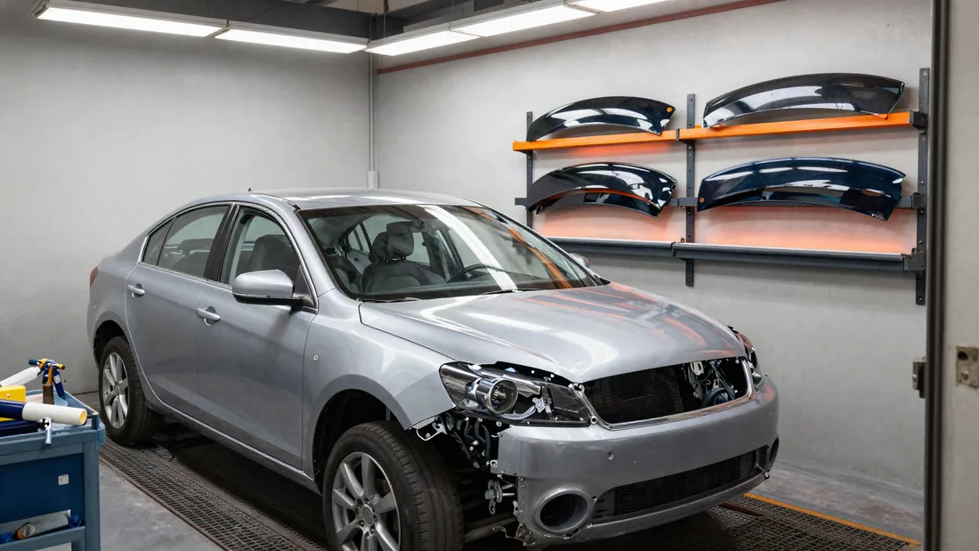 A car in the V & R shop bay with its front end apart and replacement panels racked on the wall behind it
