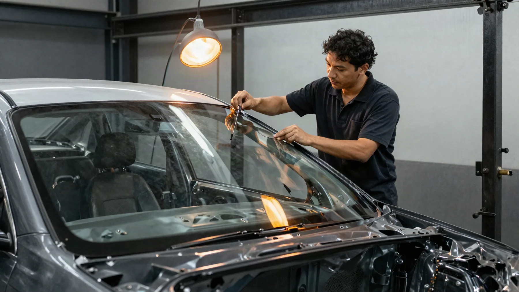 A technician setting a new windshield into the frame of a car inside the V & R shop bay