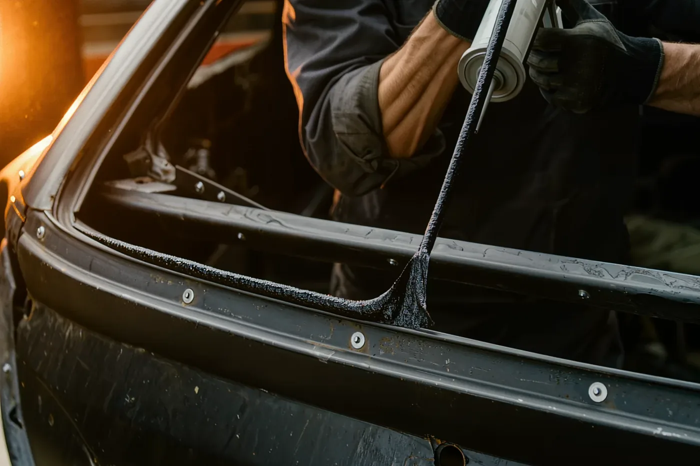 Gloved hands laying a bead of urethane along a vehicle's window frame before the new glass is set